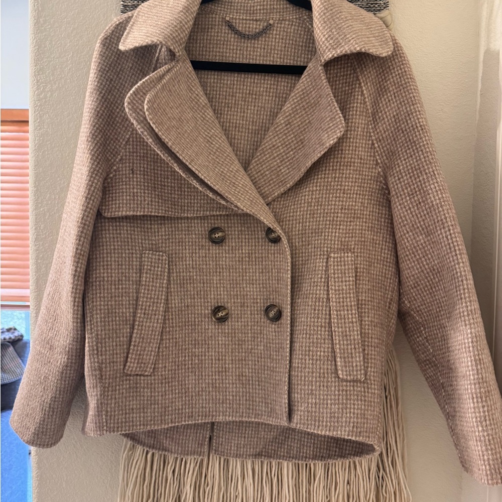 Tan Pea Coat with Textured Wool Fabric
